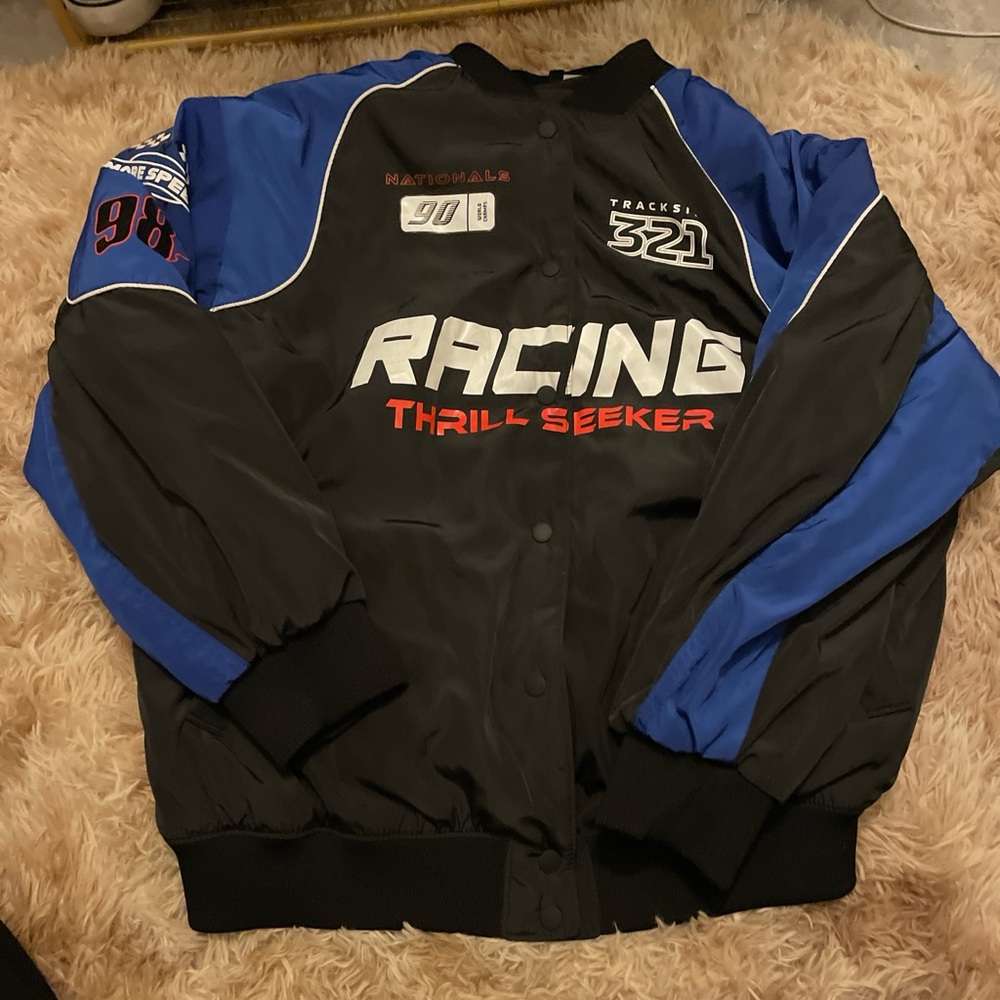 H&M Black and Blue Racing Bomber Jacket